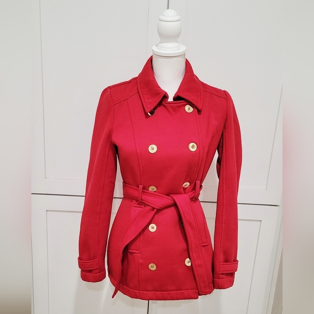 bebe Red Belted Pea Coat with Gold Buttons | Size Small